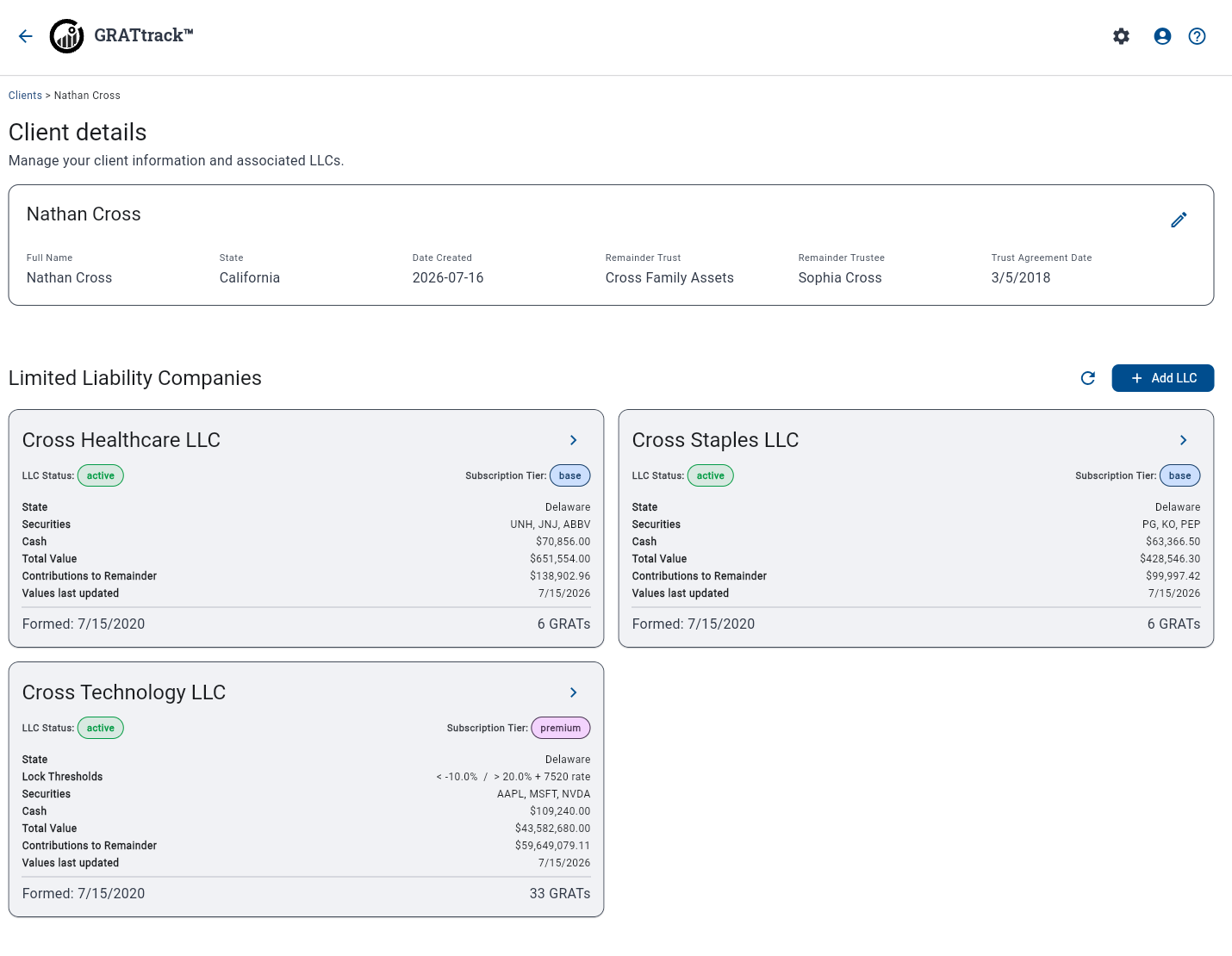 GRATtrack client detail screen