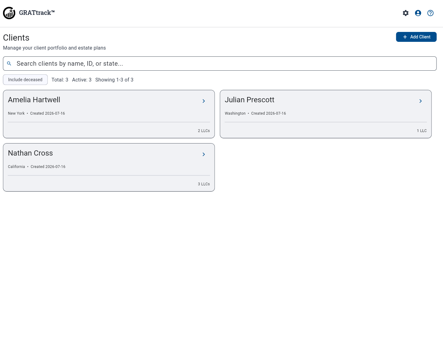 GRATtrack client list screen